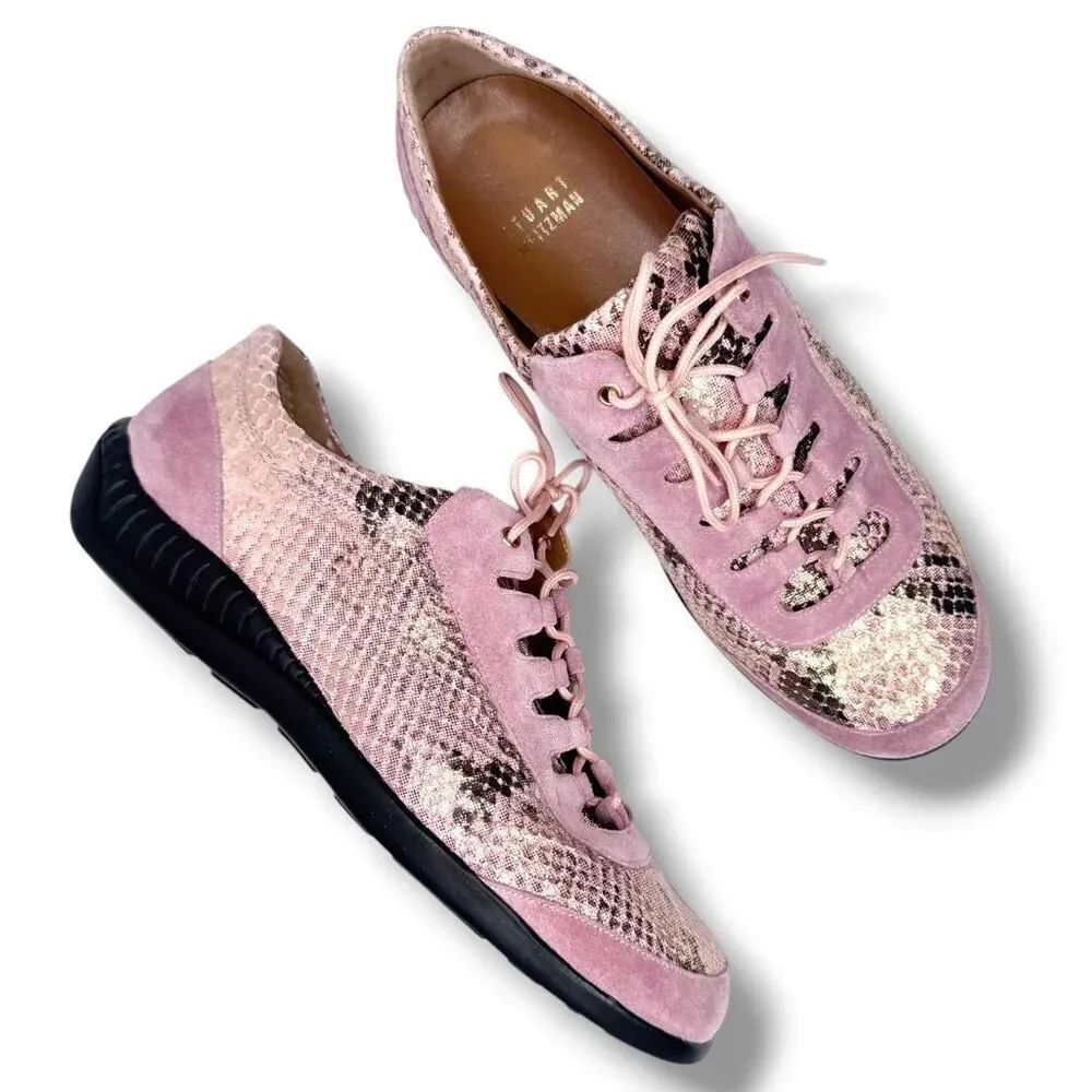Stuart Weitzman Pink & Gold Snake Print Leather Suede Sneakers Women’s Size 6 W